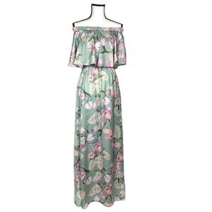 Show Me Your MuMu Primavera Green And Pink Floral Off The Shoulder Maxi Dress